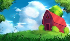 Превью обои дом, деревья, трава, облака, арт