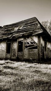 Превью обои дом, деревянный, развалины, руины, черно-белые