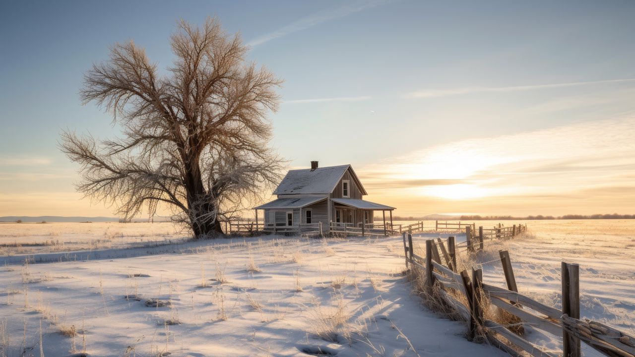 Обои дом, дерево, снег, зима, закат