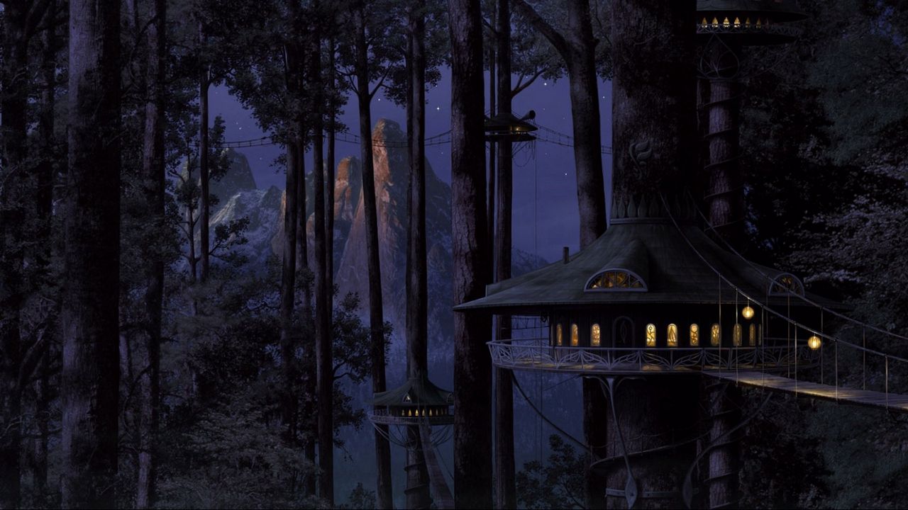 Обои дом, дерево, свет, лес, ночь
