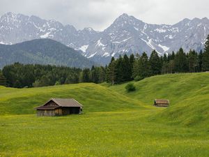 Превью обои дом, долина, луг, деревья, горы, пейзаж