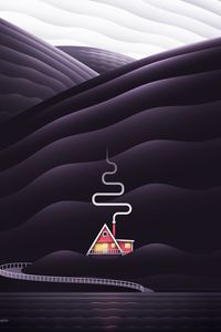 Превью обои дом, дым, холмы, вектор, арт