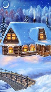 Превью обои дом, елка, снег, зима, новый год, мост, рождество, открытка
