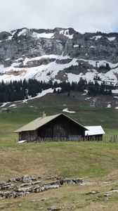 Превью обои дом, горы, лужайка, пейзаж, природа