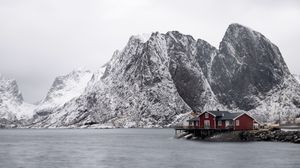 Превью обои дом, горы, остров, море, снег