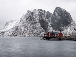 Превью обои дом, горы, остров, море, снег