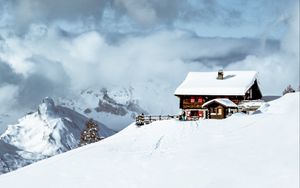 Превью обои дом, горы, снег, облака, природа