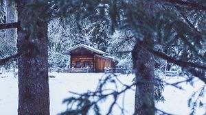 Превью обои дом, хижина, деревья, зима, снег