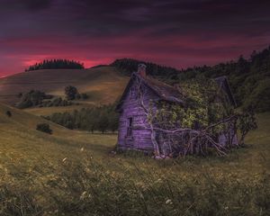 Превью обои дом, холмы, природа, сумерки