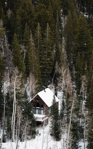 Превью обои дом, лес, снег, вид сверху, уединение