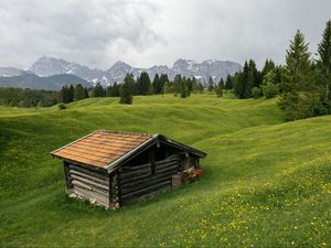 Превью обои дом, луг, деревья, горы, природа
