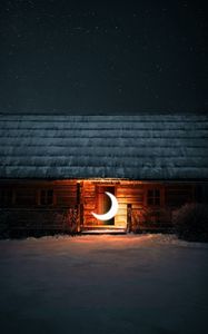 Превью обои дом, луна, свечение, иллюзия, ночь