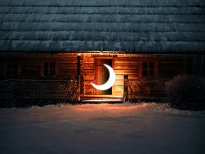 Превью обои дом, луна, свечение, иллюзия, ночь