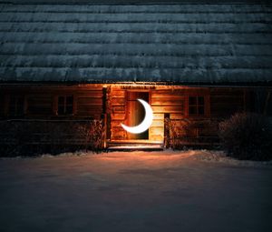 Превью обои дом, луна, свечение, иллюзия, ночь