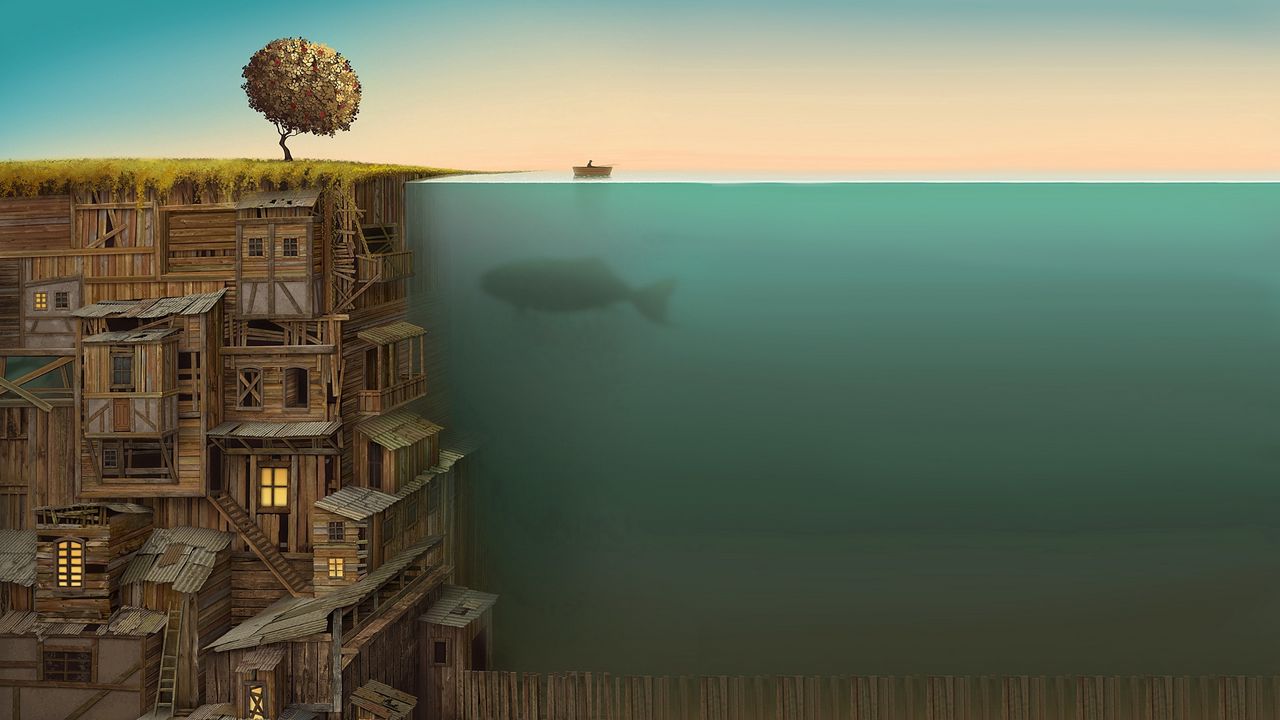 Обои дом, многоэтажный, под водой, кит, импровизация, дно, дерево