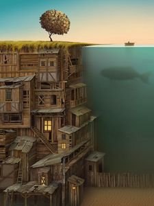 Превью обои дом, многоэтажный, под водой, кит, импровизация, дно, дерево