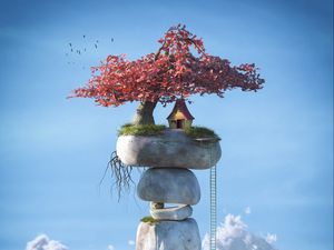 Превью обои дом, небо, облака, 3d, арт