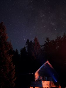 Превью обои дом, ночь, темный, деревья, звездное небо