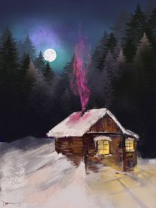 Превью обои дом, ночь, зима, снег, дым, арт