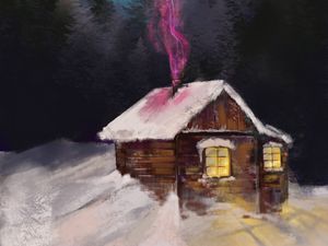 Превью обои дом, ночь, зима, снег, дым, арт