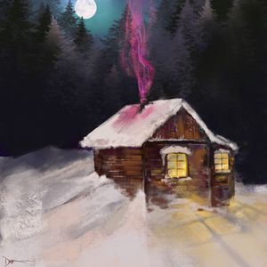 Превью обои дом, ночь, зима, снег, дым, арт