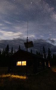 Превью обои дом, окно, звездное небо, ночь, деревья