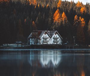 Превью обои дом, озеро, деревья, гора, природа