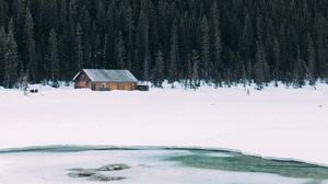 Превью обои дом, озеро, деревья, гора, снег, зима