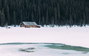 Превью обои дом, озеро, деревья, гора, снег, зима