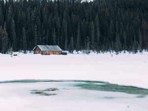 Превью обои дом, озеро, деревья, гора, снег, зима