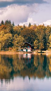Превью обои дом, озеро, деревья, отражение, природа