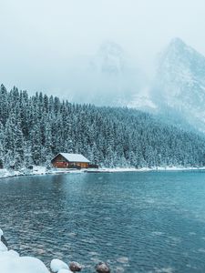 Превью обои дом, озеро, горы, зима