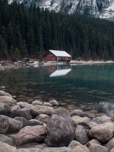 Превью обои дом, озеро, камни, лес