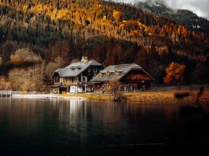 Превью обои дом, озеро, лес, осень, пейзаж