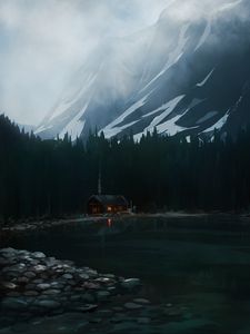 Превью обои дом, озеро, лес, гора, арт