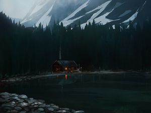 Превью обои дом, озеро, лес, гора, арт