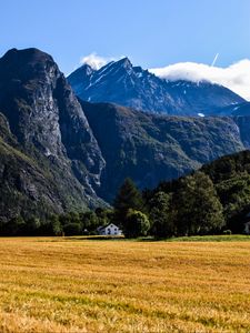 Превью обои дом, поле, деревья, горы