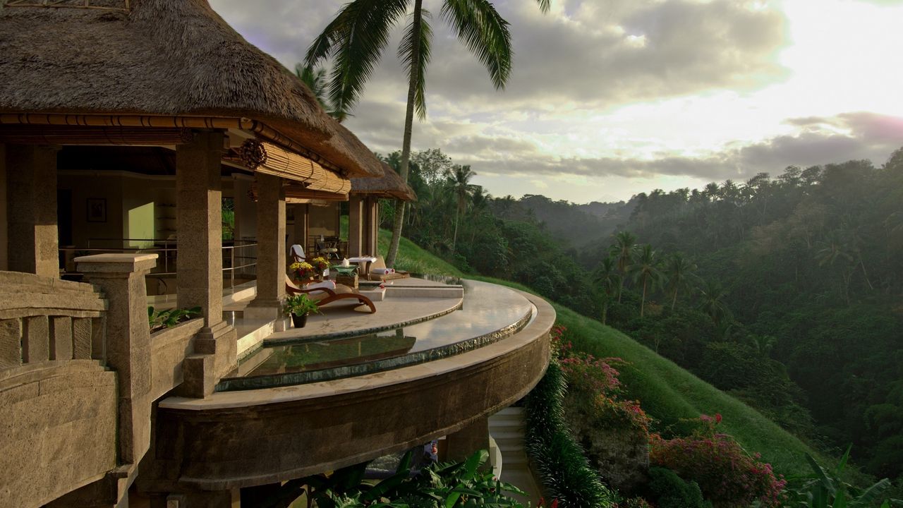 Обои дом, рай, красиво, пальмы, балкон, природа
