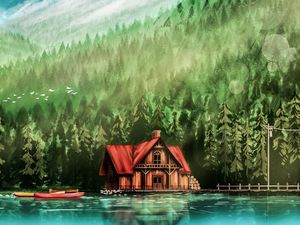 Превью обои дом, река, лес, арт