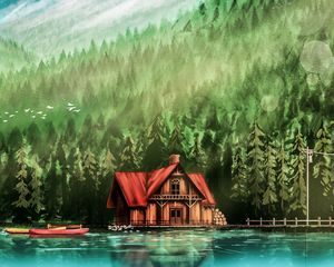 Превью обои дом, река, лес, арт
