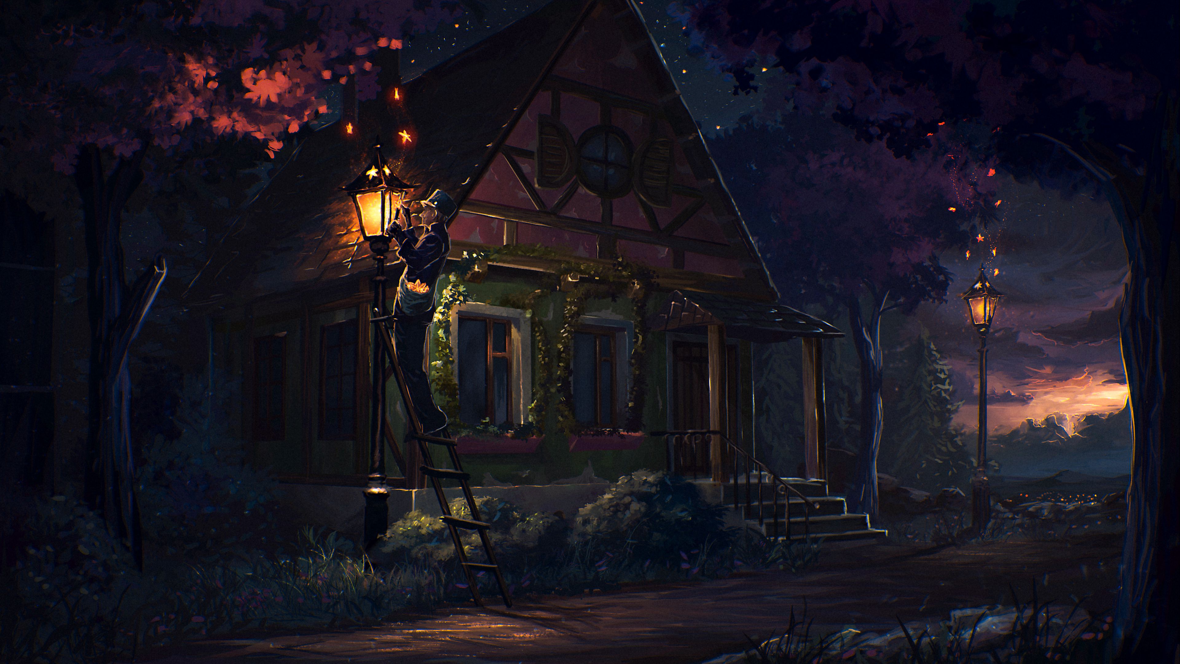 Сказочный домик ночью в лесу