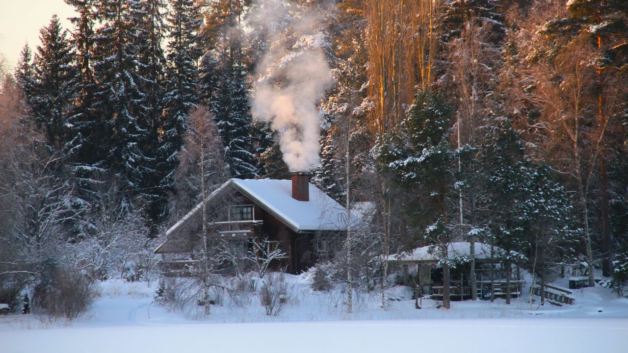 Обои дом, снег, зима, деревья, дым, природа