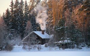 Превью обои дом, снег, зима, деревья, дым, природа