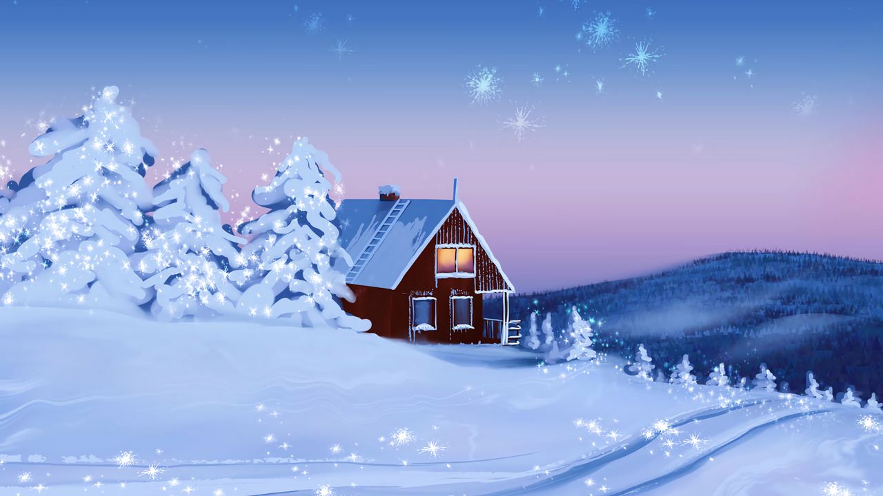 Обои дом, снег, зима, пейзаж, арт