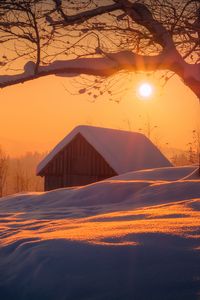 Превью обои дом, снег, зима, дерево, рассвет