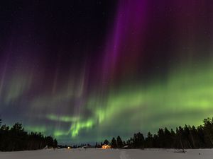 Превью обои дом, свет, деревья, северное сияние, ночь