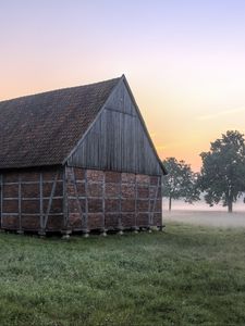 Превью обои дом, трава, туман, деревья, утро