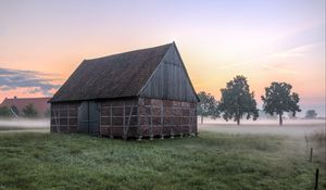 Превью обои дом, трава, туман, деревья, утро