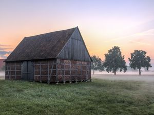 Превью обои дом, трава, туман, деревья, утро