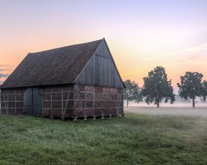 Превью обои дом, трава, туман, деревья, утро